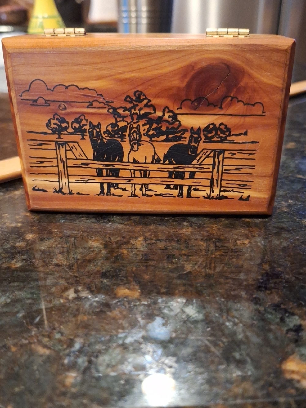 Wooden Cedar Box with Horse Engraving - Natural Wood